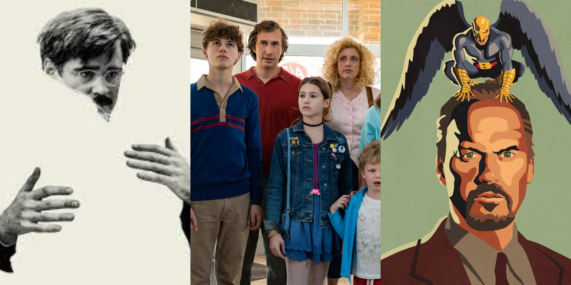 Split image showing characters from The Lobster, White Noise, and Birdman
