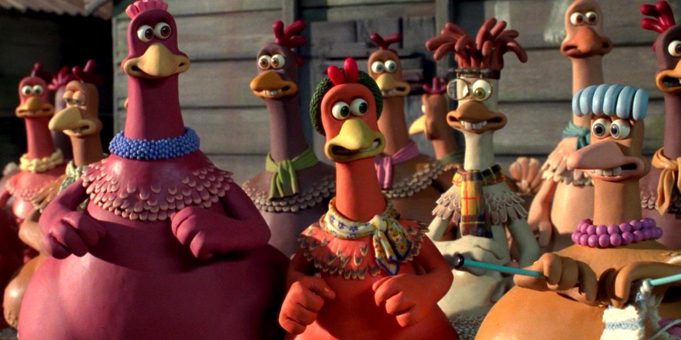 Bunty voiced by Imelda Staunton, Ginger voiced by Julia Sawalha and Babs voiced by Jane Horrocks, standing in the chicken coop in Chicken Run