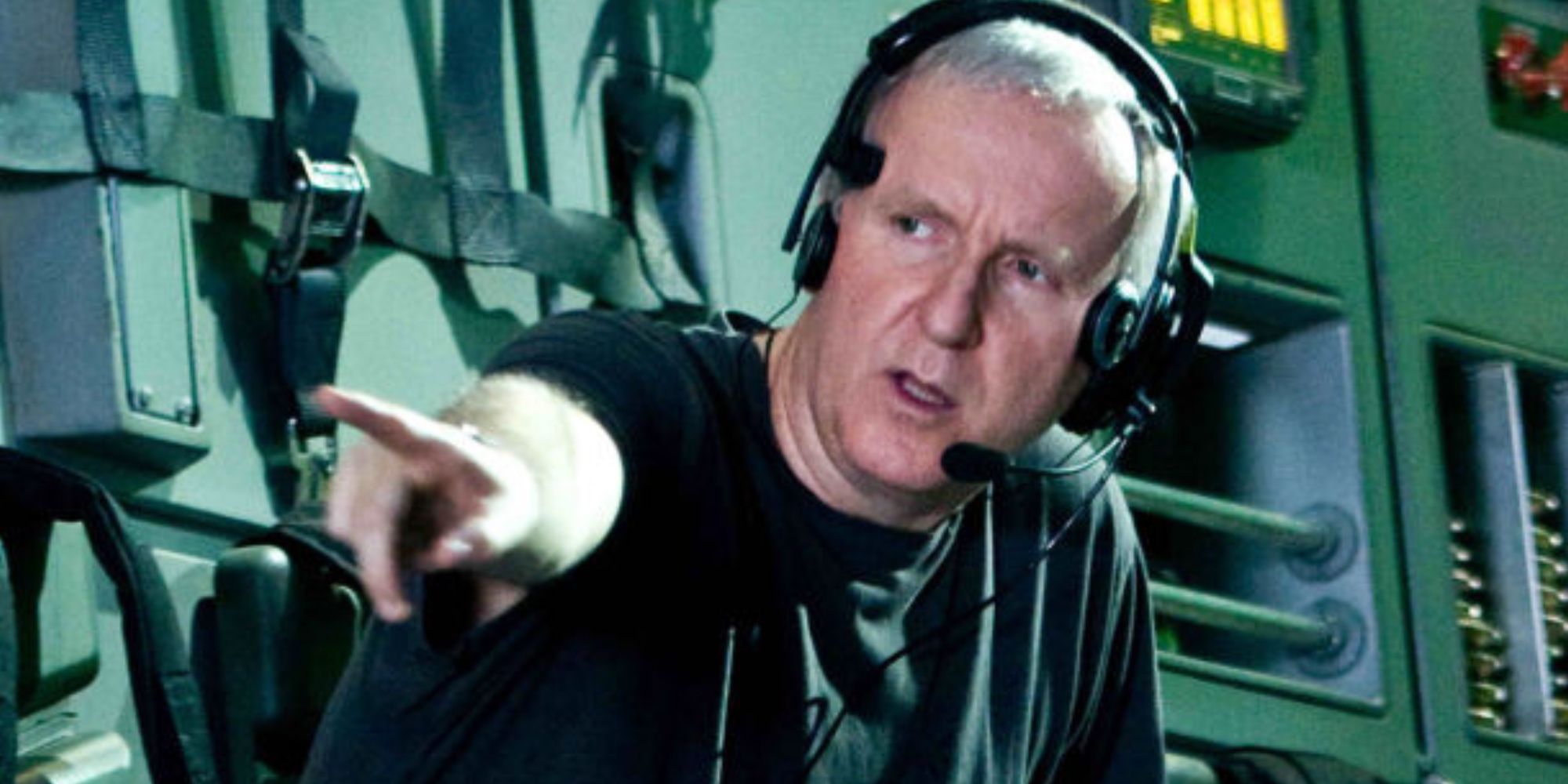 James Cameron on set of one of his films giving instructions.
