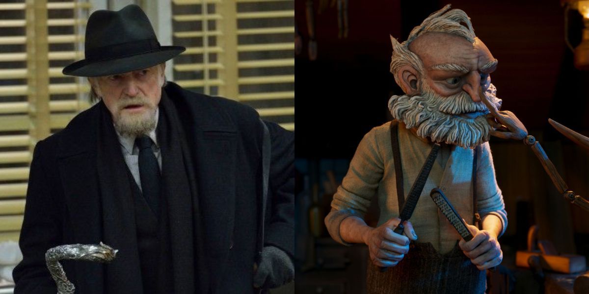 David Bradley side-by-side with Gepetto in Guillermo del Toro's Pinocchio