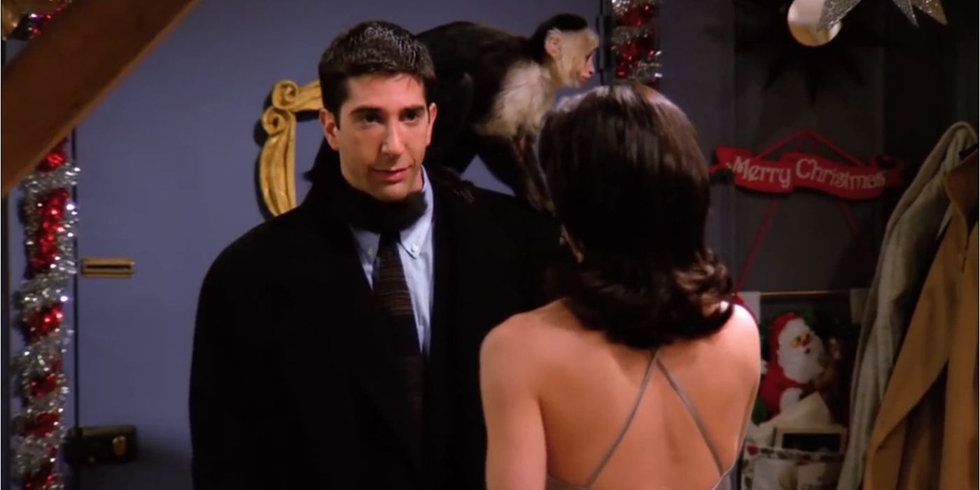 Ross with Marcel the monkey on his shoulder in Friends.