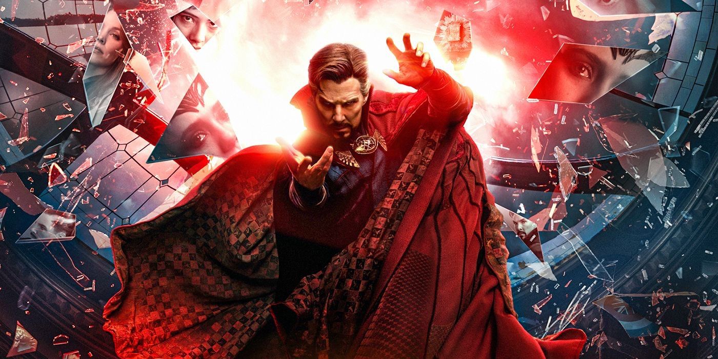 A poster of Benedict Cumberbatch as Doctor Strange in Doctor Strange in the Multiverse of Madness showing Doctor Strange using his powers surrounded by broken glass.