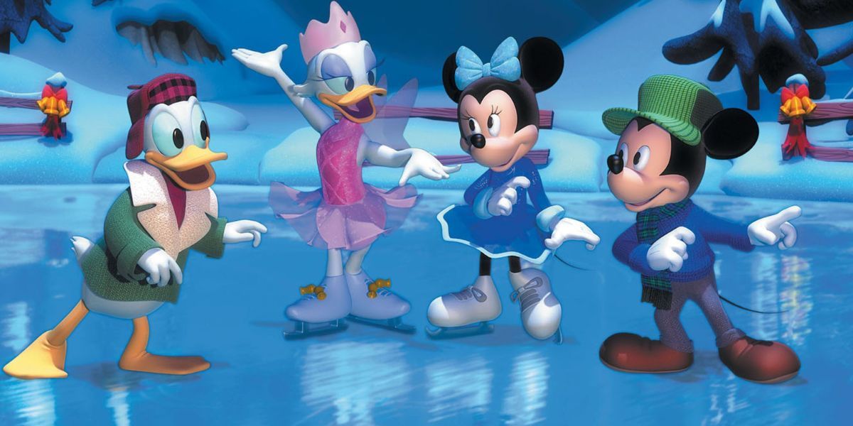 Donald, Daisy, Minnie, and Mickey ice-skating