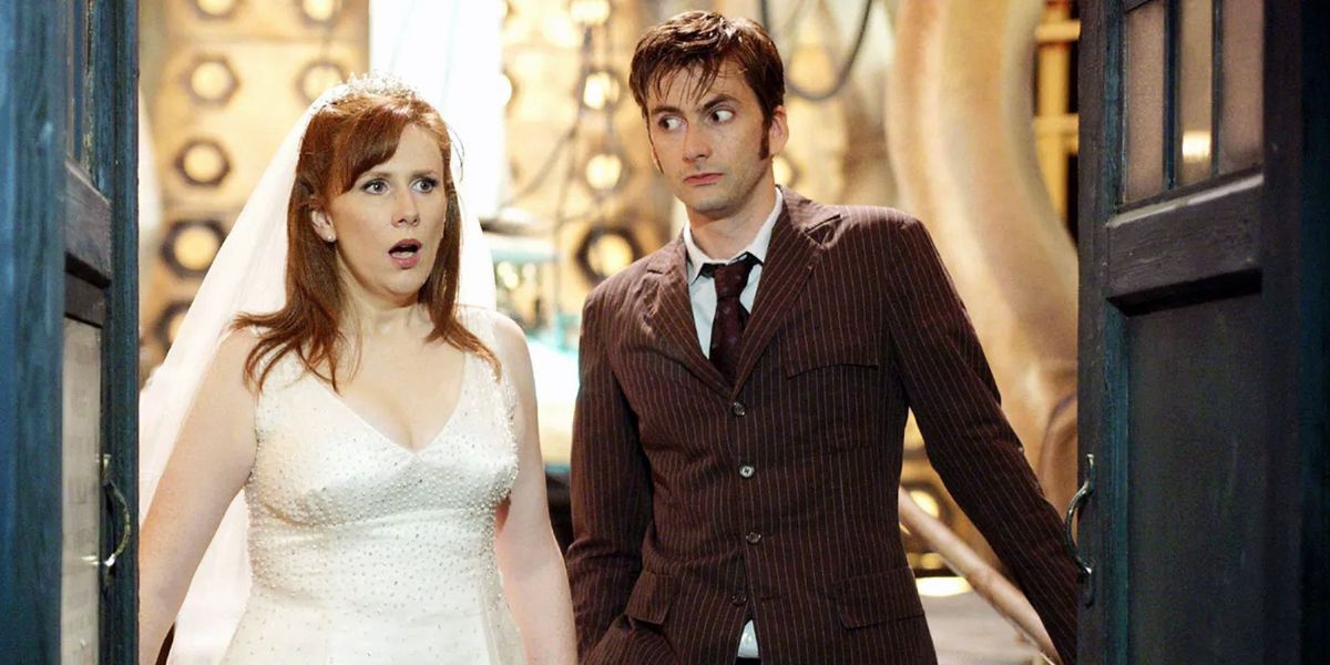 دونا نوبل (كاثرين تيت) والدكتور تن (ديفيد تينانت) في أول ظهور لدونا في حلقة عيد الميلاد من Doctor Who.