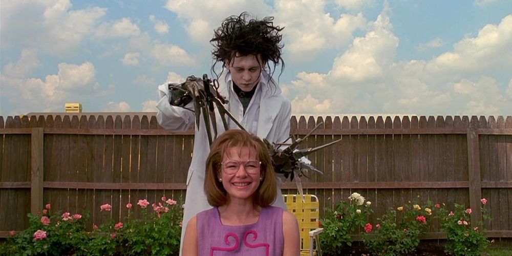 edward scissorhands and pegg getting a haircut