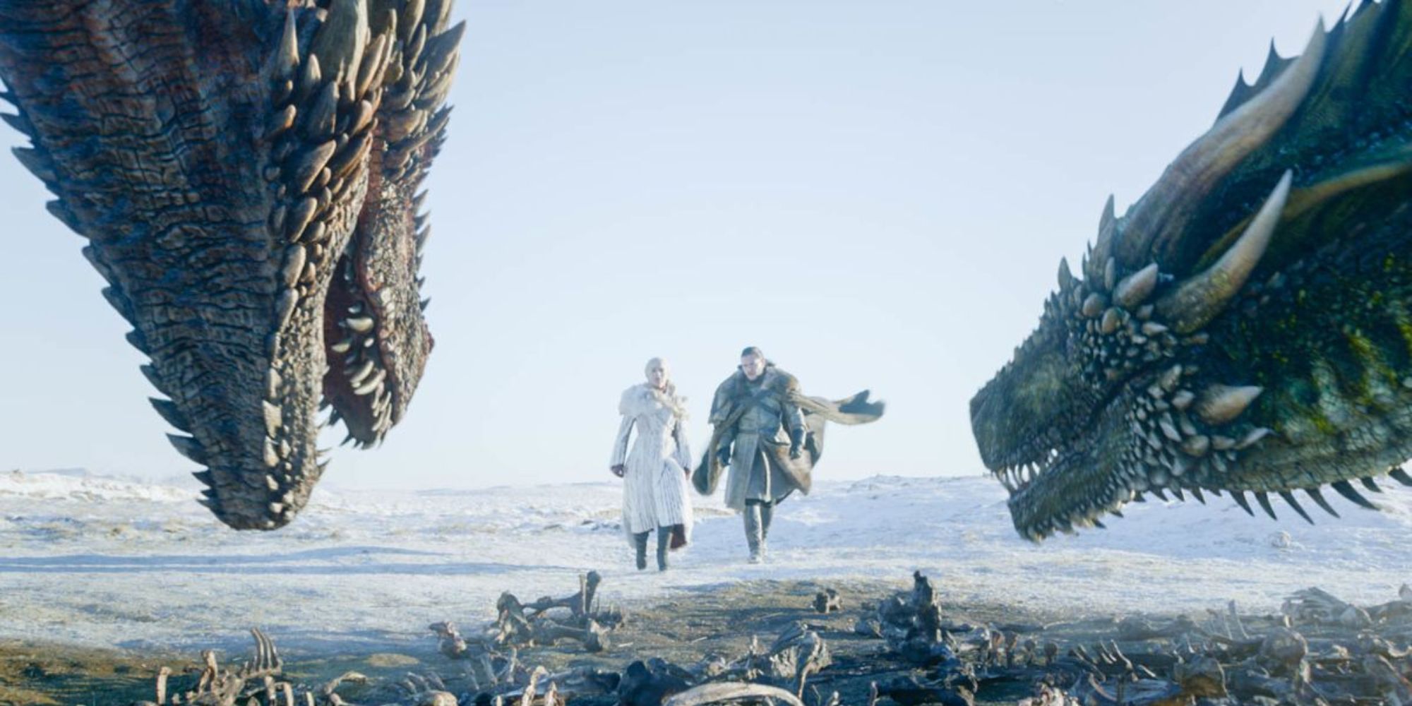 Emilia Clark as Daenerys Targaryen and Kit Harington as Jon Snow with dragons in Game of Thrones