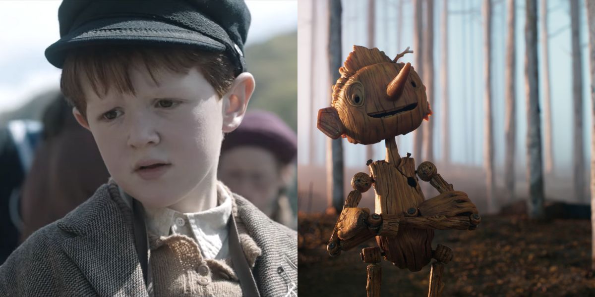 Gregory Mann side-by-side with his character in Guillermo del Toro's Pinocchio