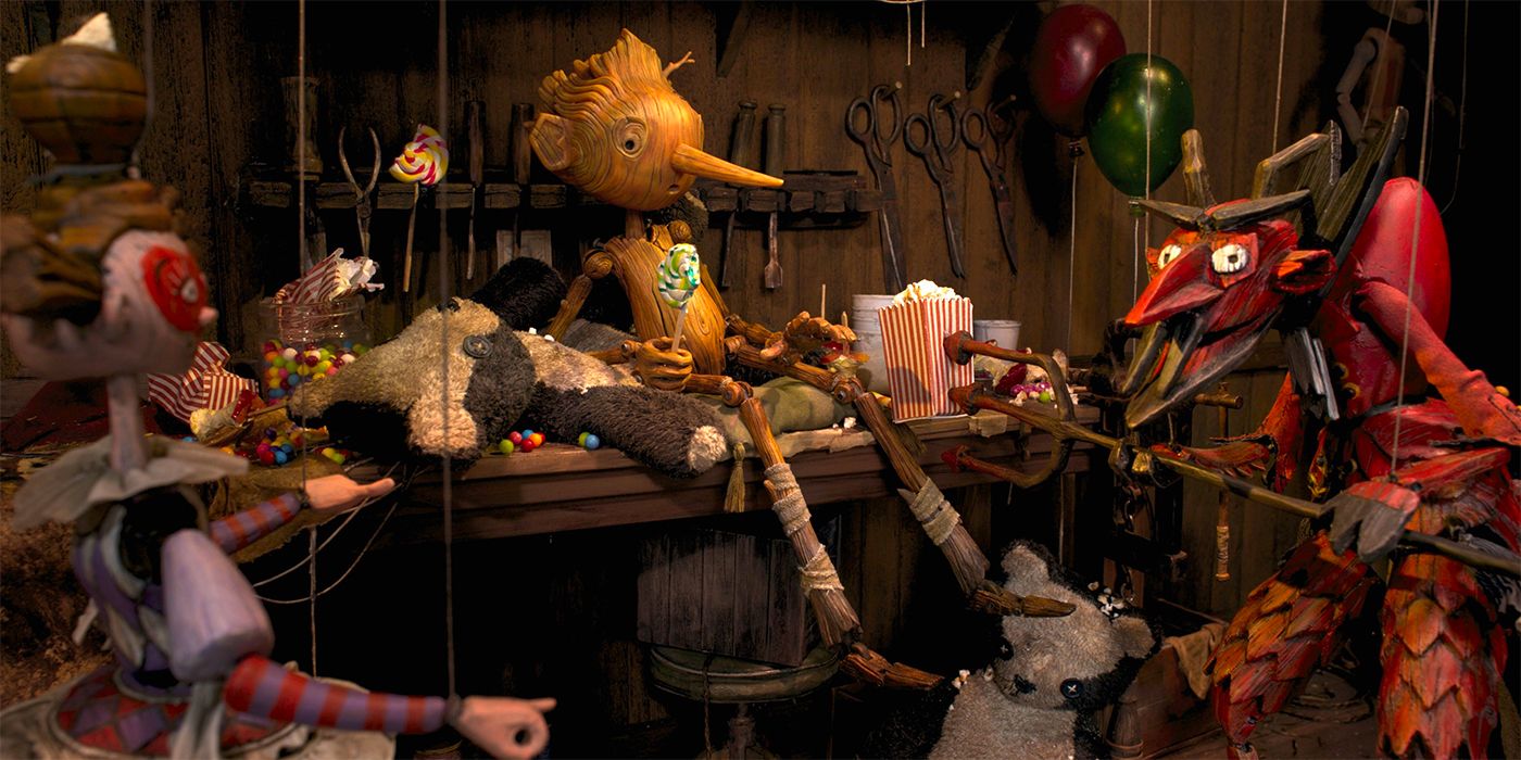 Pinocchio (Gregory Mann) in Guillermo del Toro's film surrounded by other puppets