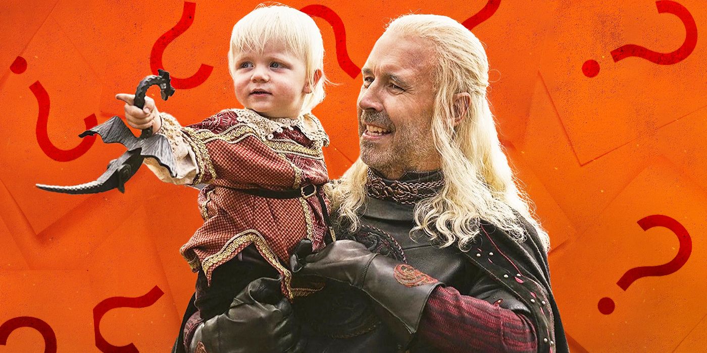 Paddy Considine as Viserys Targaryen with a baby in House of the Dragon