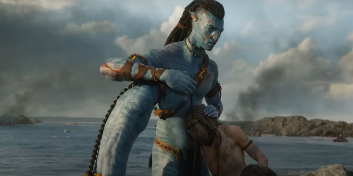 Jake Sully hugging Lo'ak and Spider in Avatar: The Way of Water