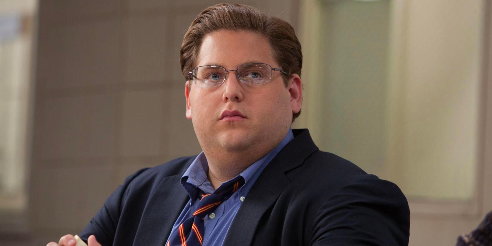 Jonah Hill as Peter Brand looking intently in Moneyball