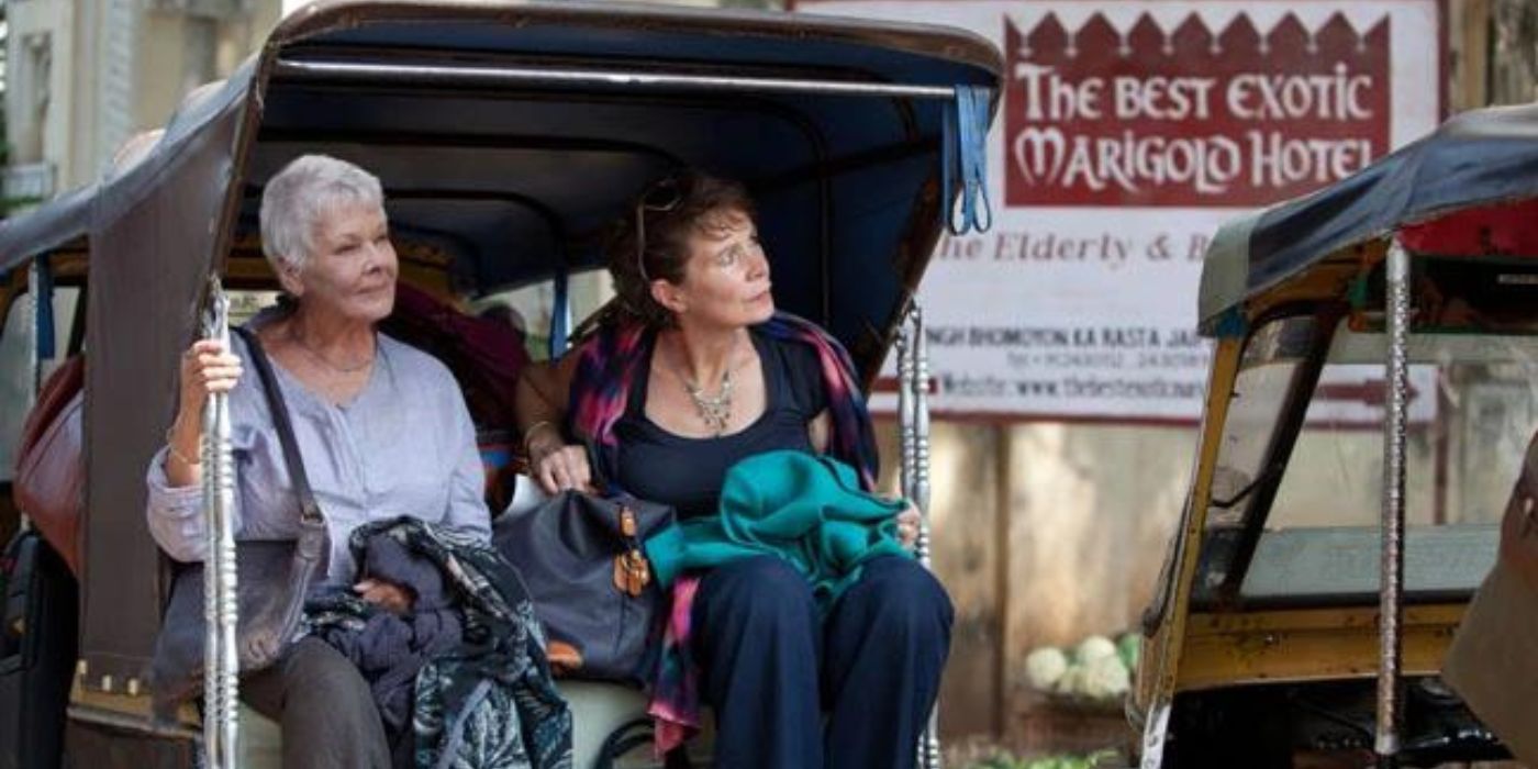 Evelyn and Jean in the back of a cart at The Best Exotic Marigold Hotel
