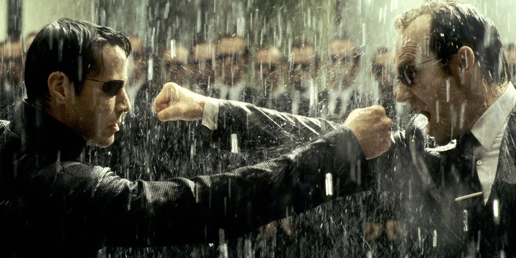 Keanu Reeves and Hugo Weaving in The Matrix Revolutions (2003)