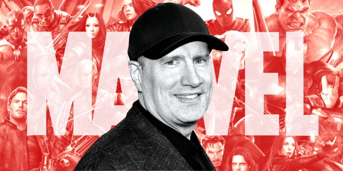 Kevin Feige in black and white in front of a Marvel background