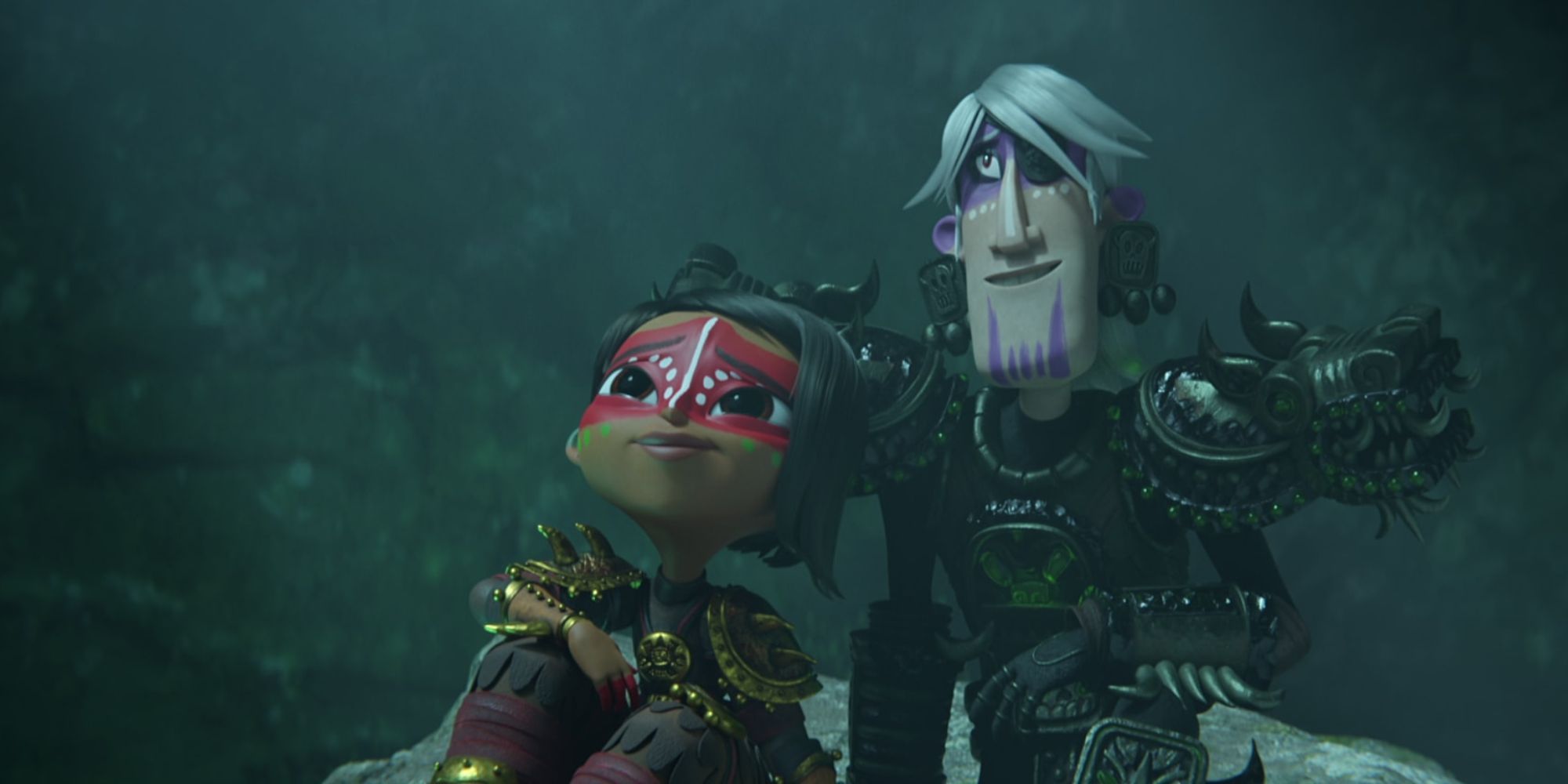 Two characters looking up and smiling warmly in Maya and the Three (2021) (1)