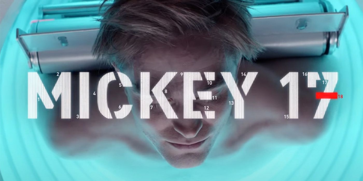 Mickey 17 title card over Robert Pattinson in a cryo chamber