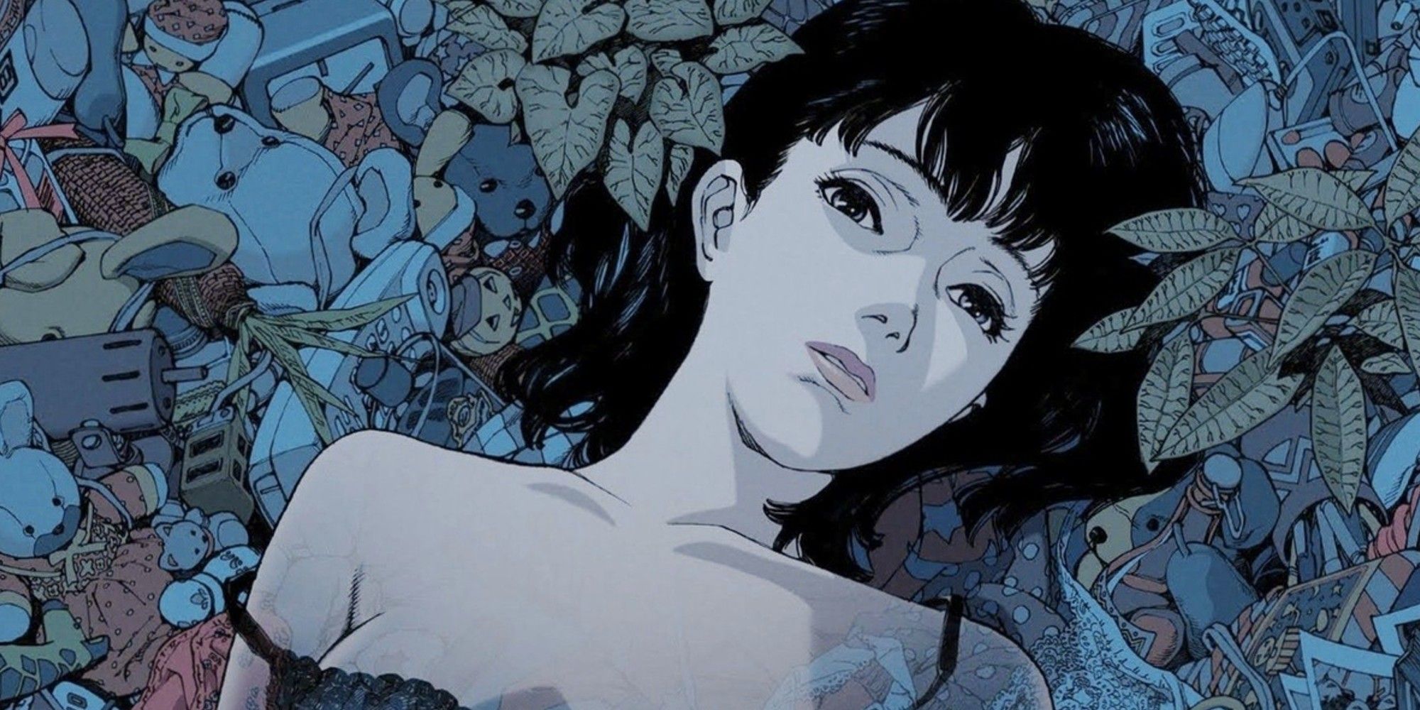 A young woman lying on a bed of objects and plants in the film Perfect Blue