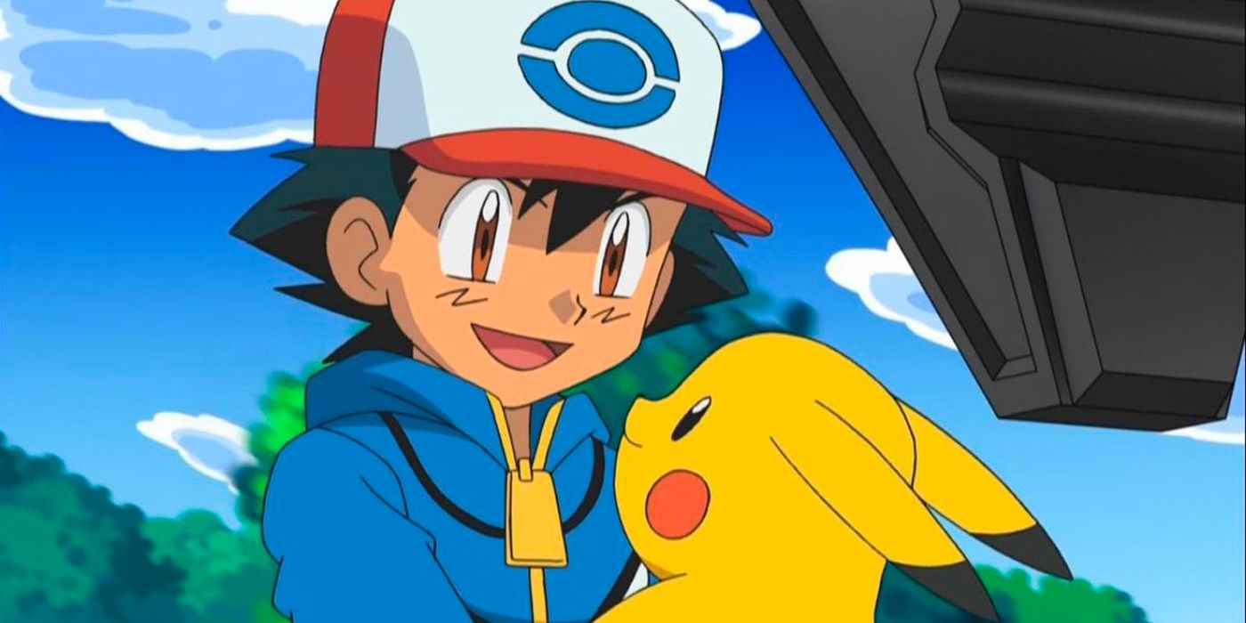 Ash smilung at Pikachu in Pokémon.