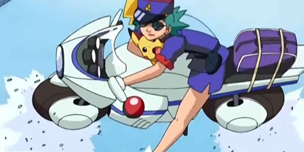 Officer Jenny and Pikachu slide on a motorcycle