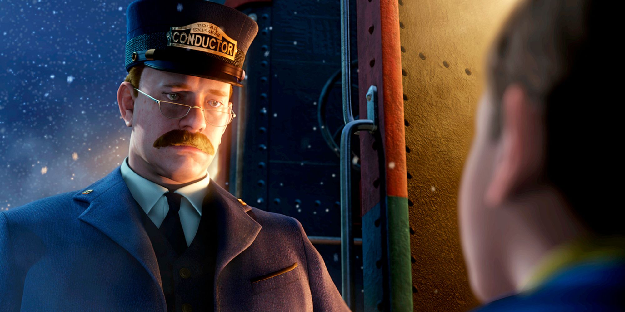 Train conductor looking sternly at little boy in The Polar Express.