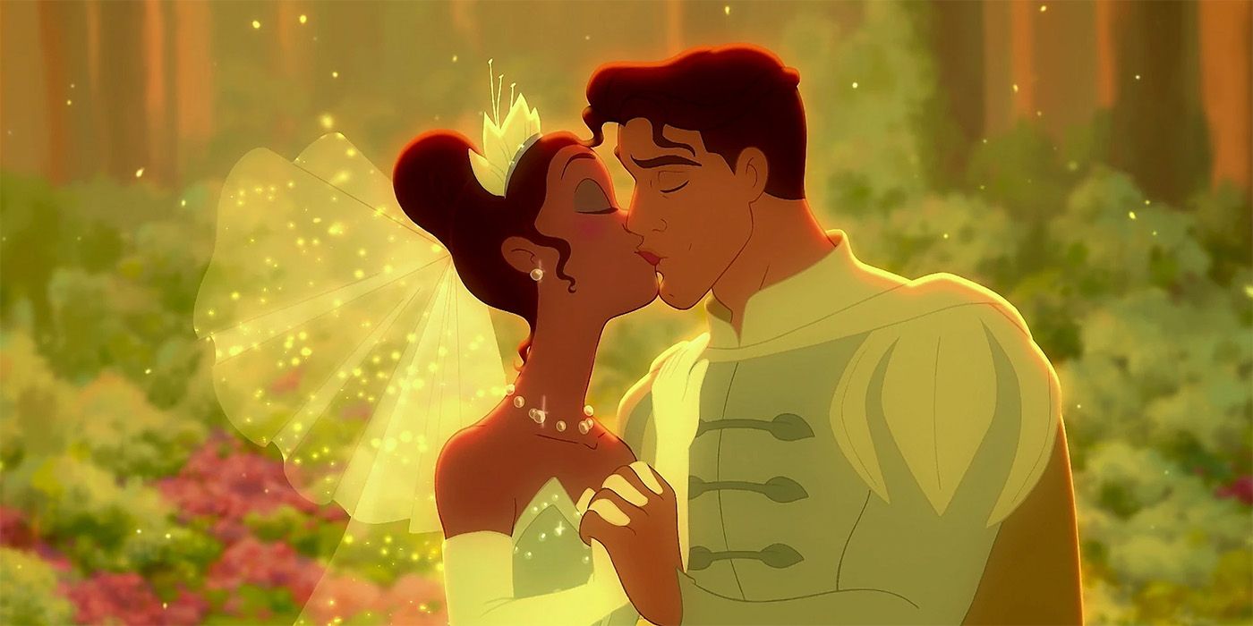 Tiana and Prince Naveen sharing an embrace in The Princess and the Frog