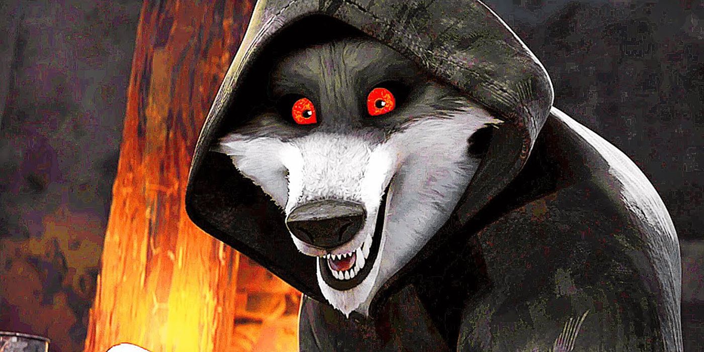 Morte, um lobo terrível com capuz preto e olhos vermelhos, sorri em 'Gato de Botas: O Último Amor'.