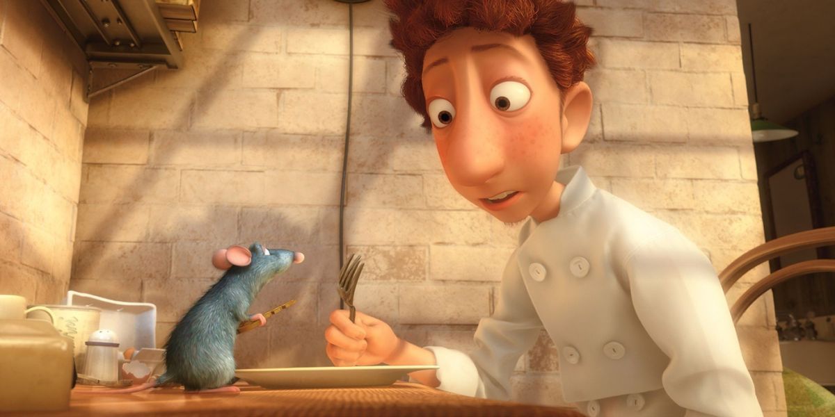 Linguini looks at Remy with surprise in Pixar's Ratatouille