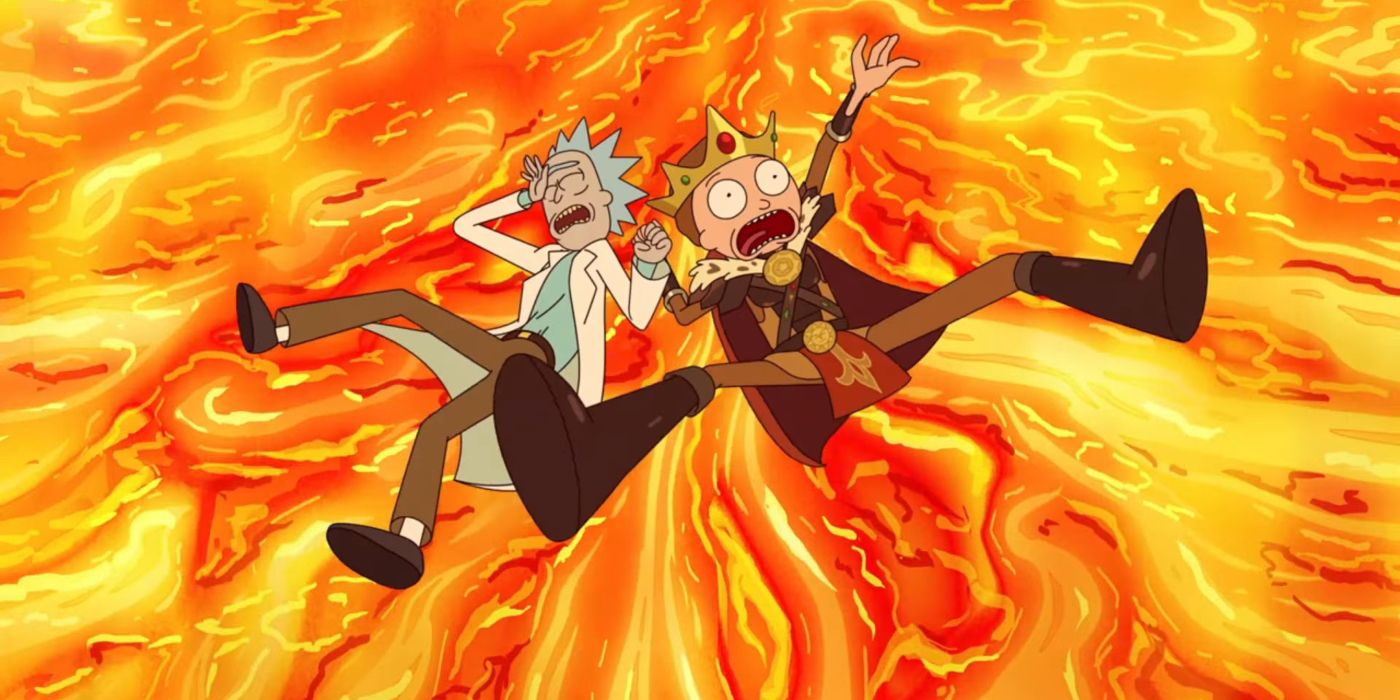 Rick and Morty falling into lava