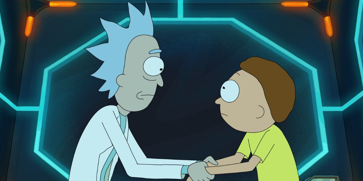 Rick and Morty holding hands and staring at each other in Rick And Morty.