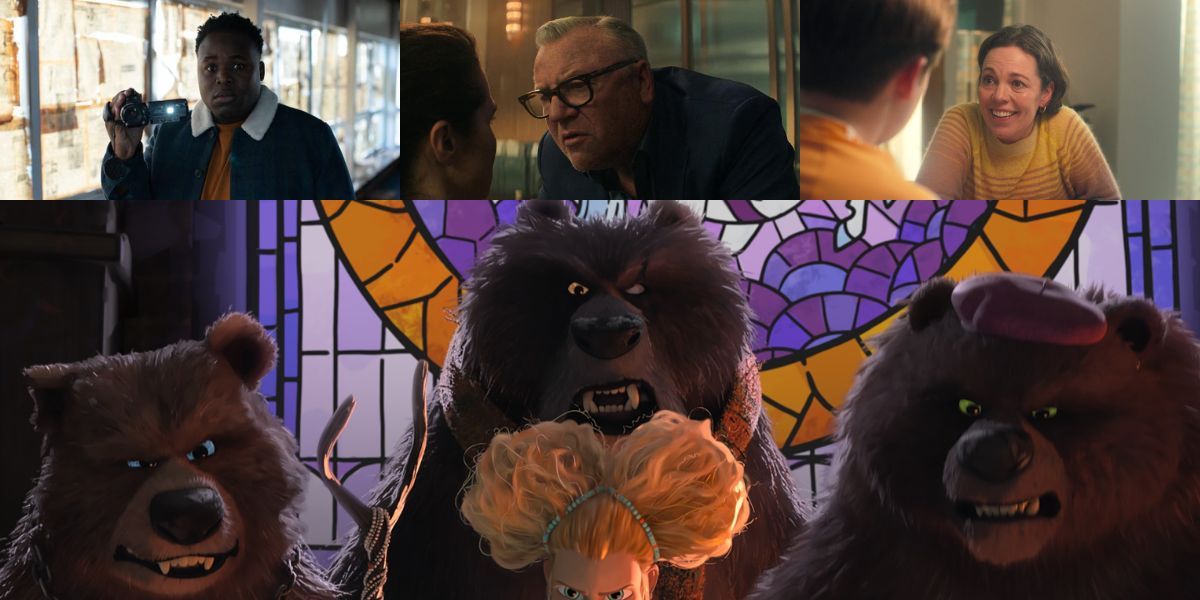 Samson Kayo, Ray Winstone, and Olivia Colman side by side with the three bears in Puss in Boots: The Last Wish