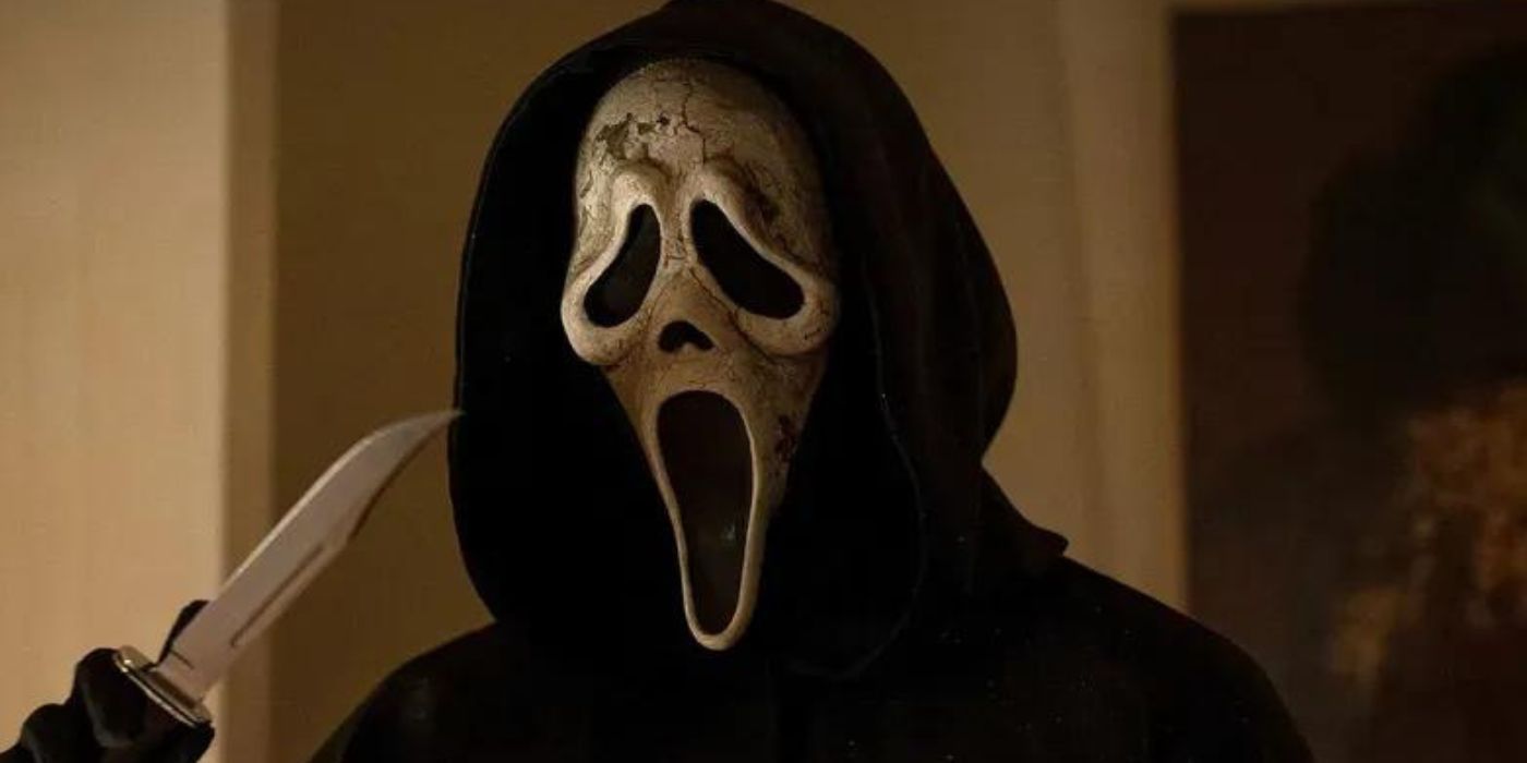 Ghostface with a weathered mask in Scream 6