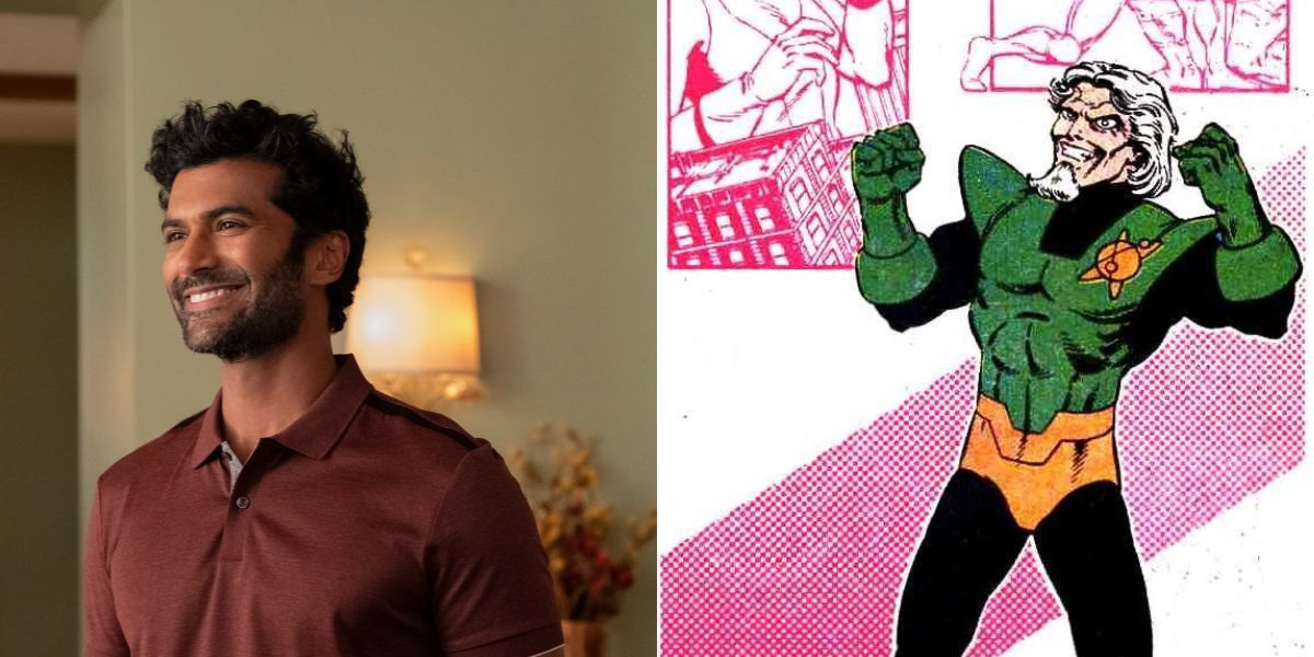 Sendhil Ramamurthy side-by-side with Mr. 104 who he'll play in Doom Patrol