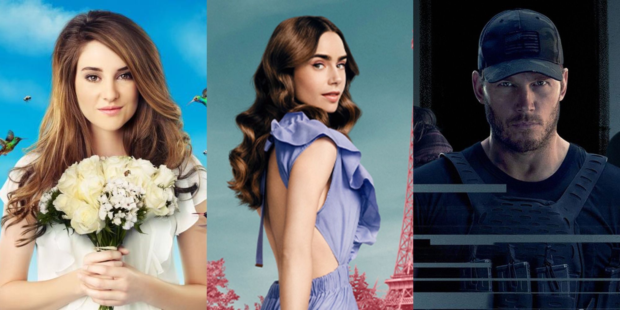 Split image showing Shailene Woodley in The Secret Life of the American Teenager, LIly Collins in Emily in Paris, and Chris Pratt in The Terminal List