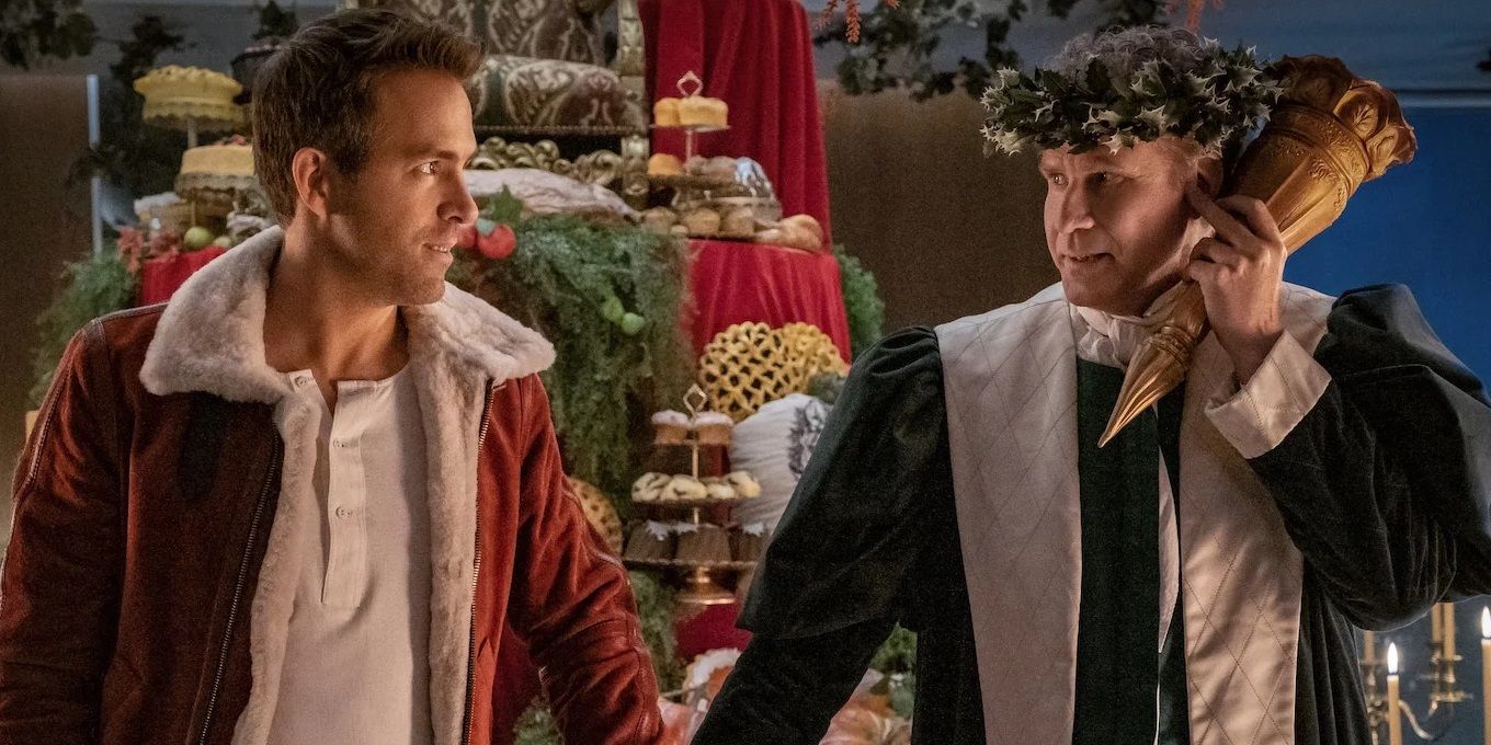 Ryan Reynolds como Clint Briggs e Will Ferrell como Ebeneezer Scrooge em Ghost