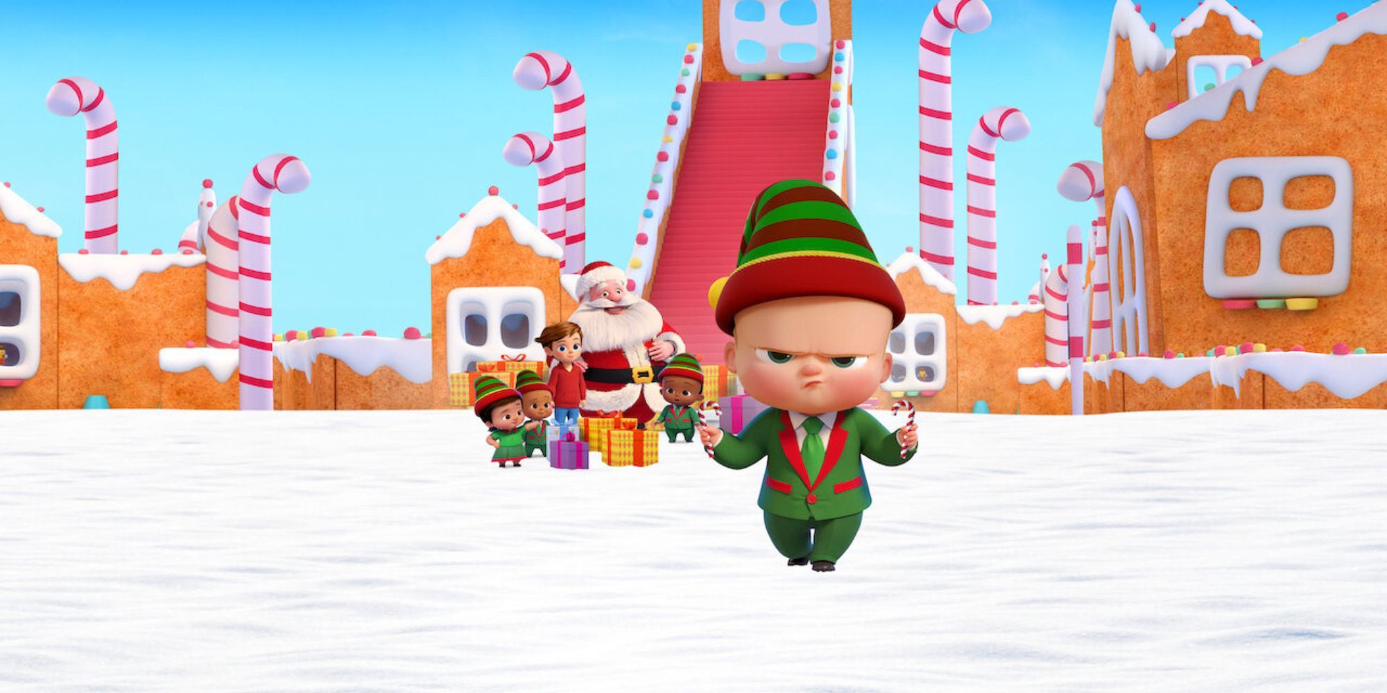 Tim, Papai Noel e os elfos do The Boss Baby Christmas Bonus estão atrás de um Boss baby zangado