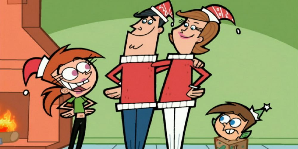 Timmy, his mom and dad, and Vicky dressed for the holidays