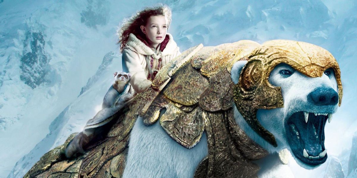 Lyra (played by Dakota Blue Richards) rides Lorek (voiced by Ian McKellen) in The Golden Compass