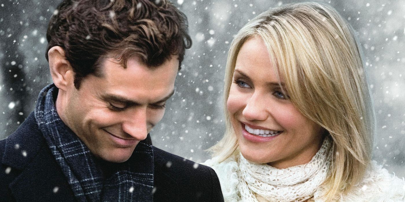 Jude Law and Cameron Diaz smiling in the snow 