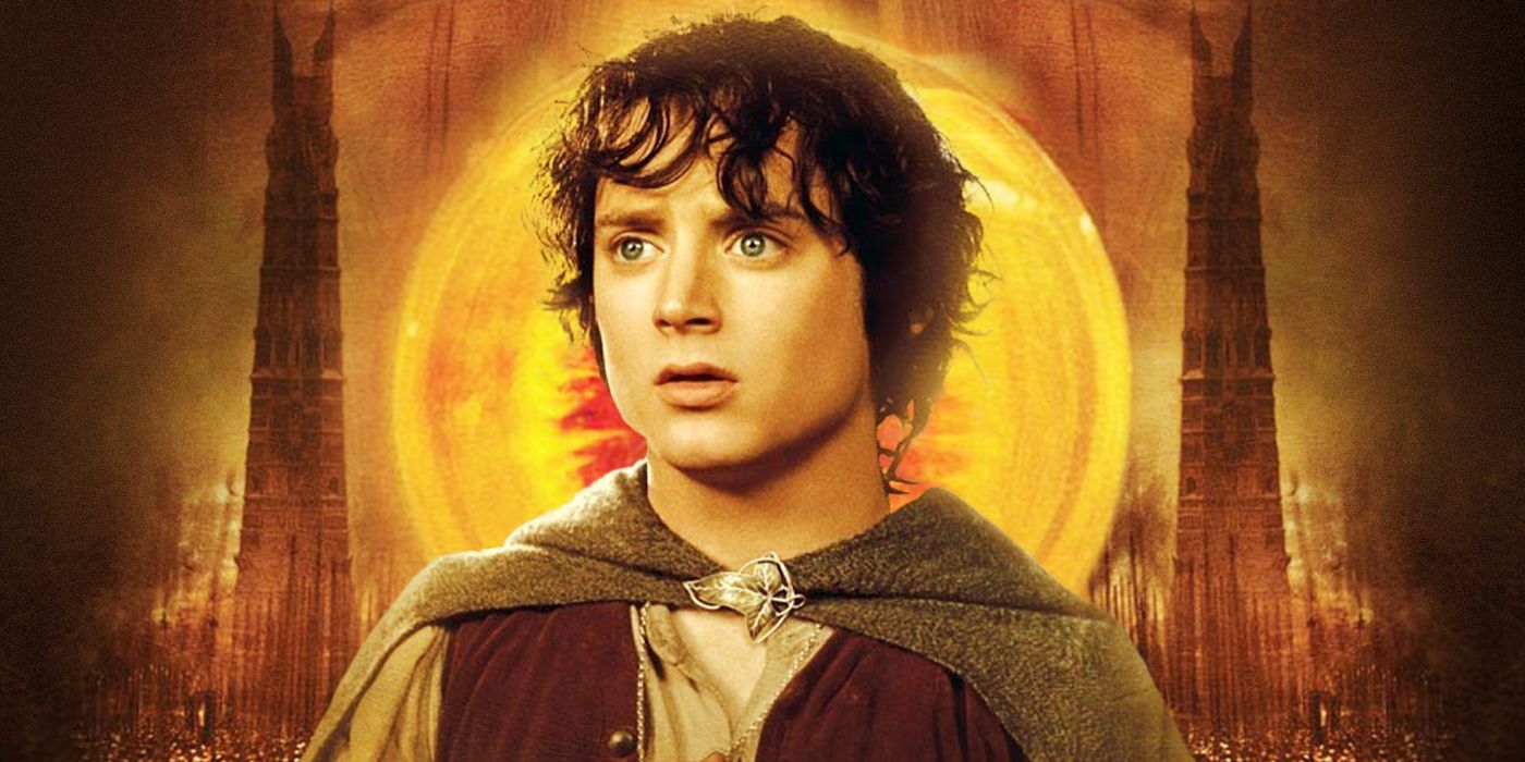 Elijah Wood as Frodo Baggins in front of the Two Towers and Sauron's eye in The Lord of the Rings