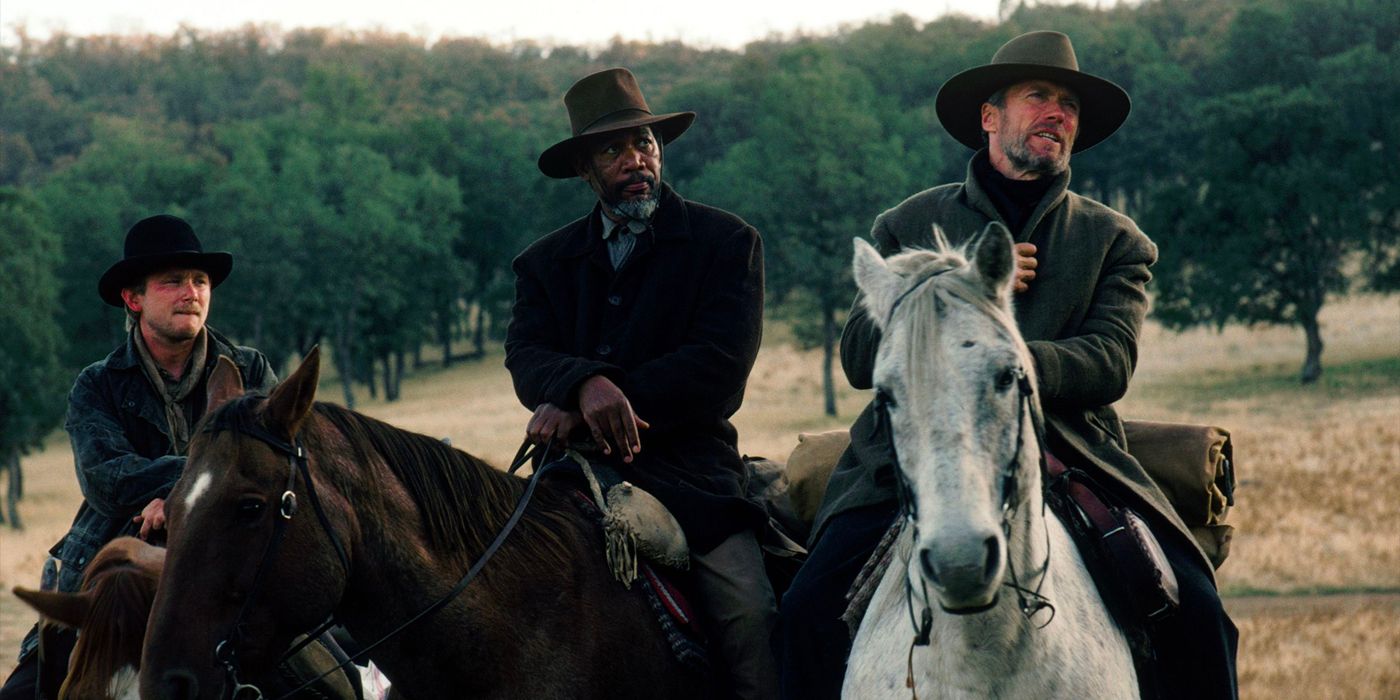 The Schofield Kid, Ned Logan, and Bill Munny riding horses in 1992's Unforgiven