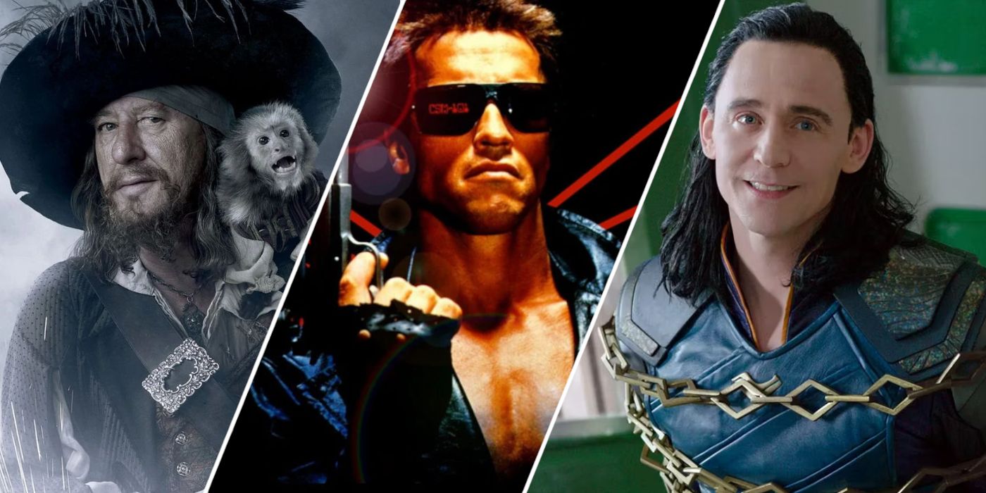 Geoffrey Rush in Pirates of the Carribean, Arnold Schwarzenegger in The Terminator, and Tom Hiddleston in Thor Ragnarok