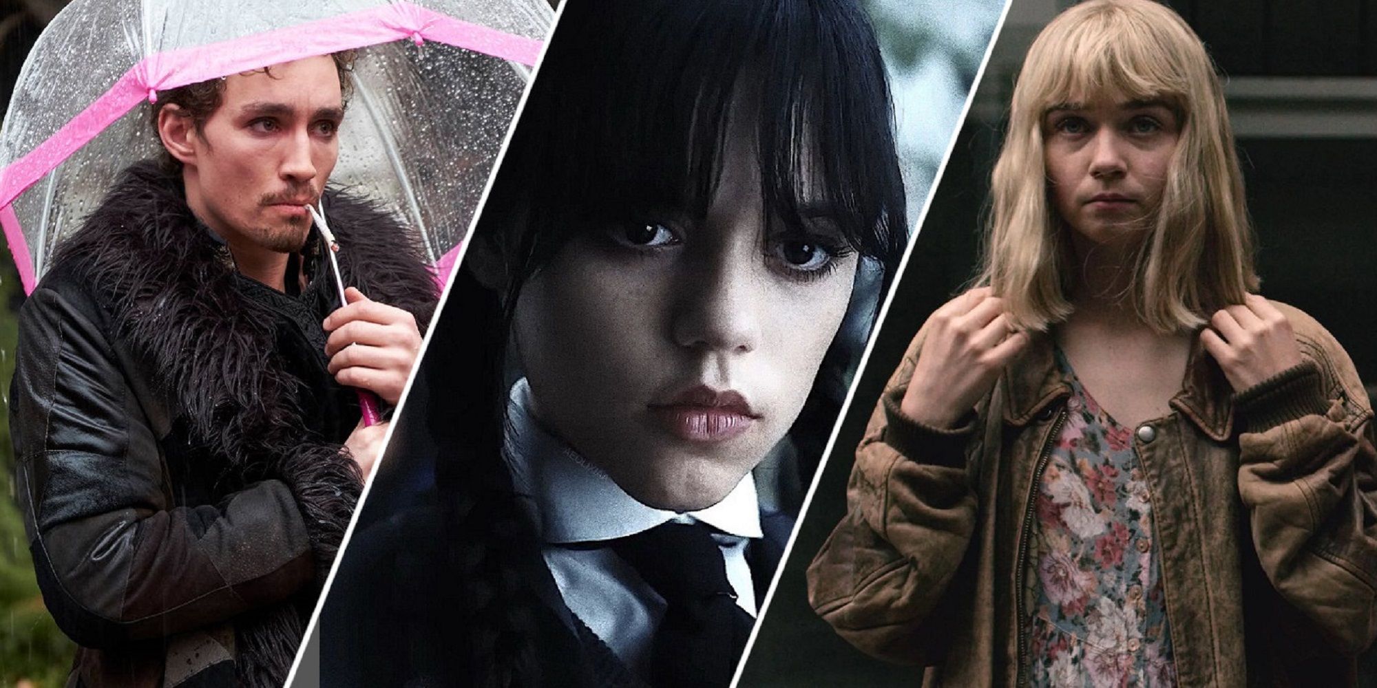 Klaus Hargreeves holding an umbrealla and smoking a cigarette, Wednesday Addams staring coldly, and Alyssa after bleaching her hair in 'The End of the F***ing World.'