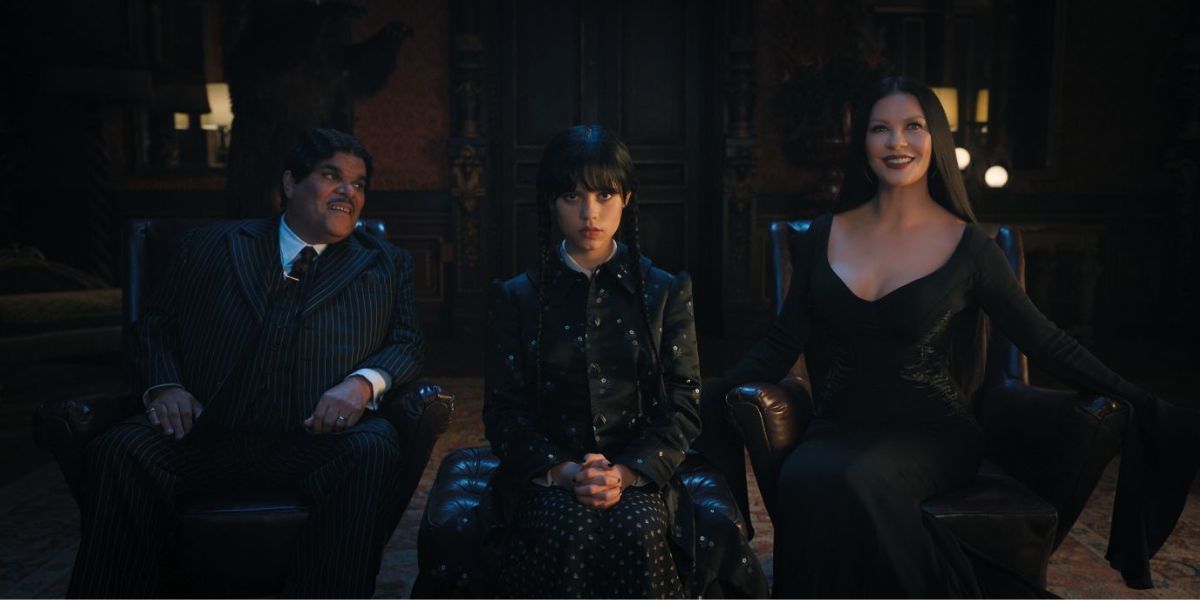 Jenna Ortega as Wednesday, Luis Guzman as Gomez, and Catherine Zeta-Jones as Morticia in episode 1 of Netflix's Wednesday