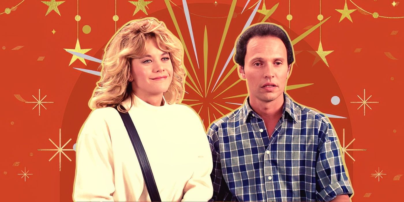 Blended image showing characters from When Harry Met Sally with sparks on the background