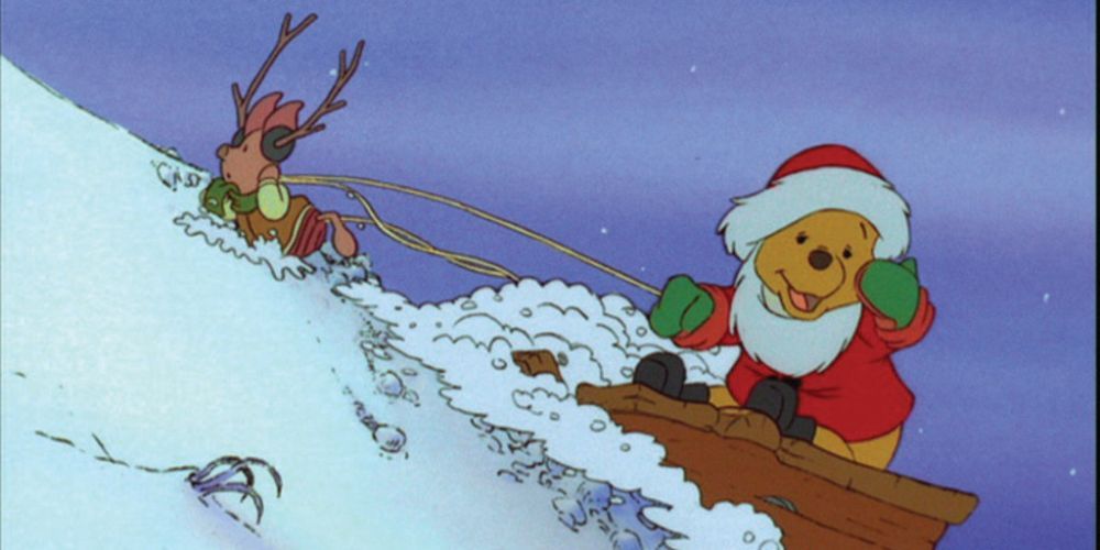 Winnie the Pooh dressed as Santa Claus and Piglet dressed as a reindeer 