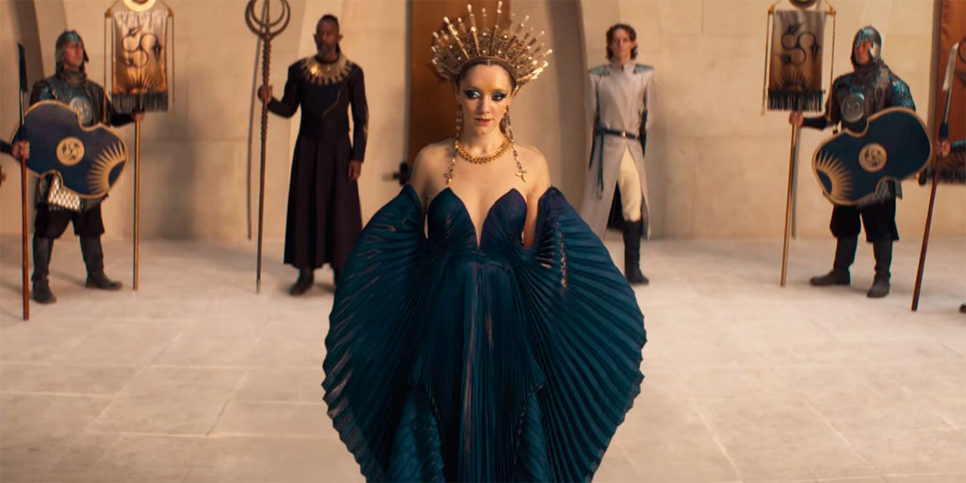 Imperatriz Merwyn com seus guardas atrás dela em The Witcher Blood Origin
