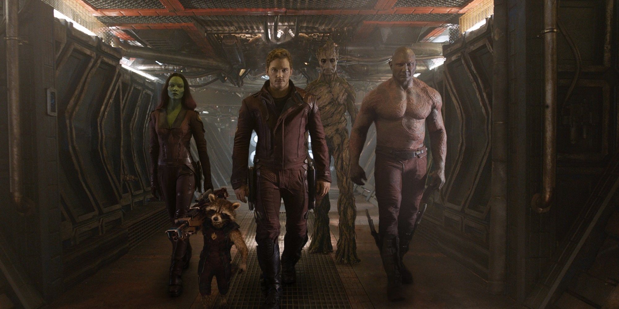 The Guardians walking down a hallway in Guardians of the Galaxy.