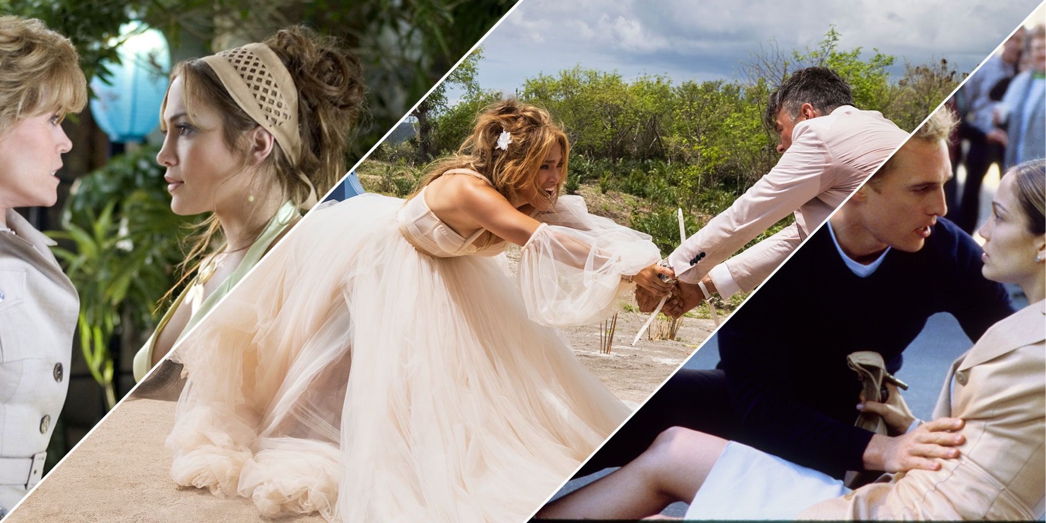 Un collage de photos de captures d'écran de comédies romantiques populaires de Jennifer Lopez, notamment Shotgun Wedding, Monster-in-Law et The Wedding Planner. 