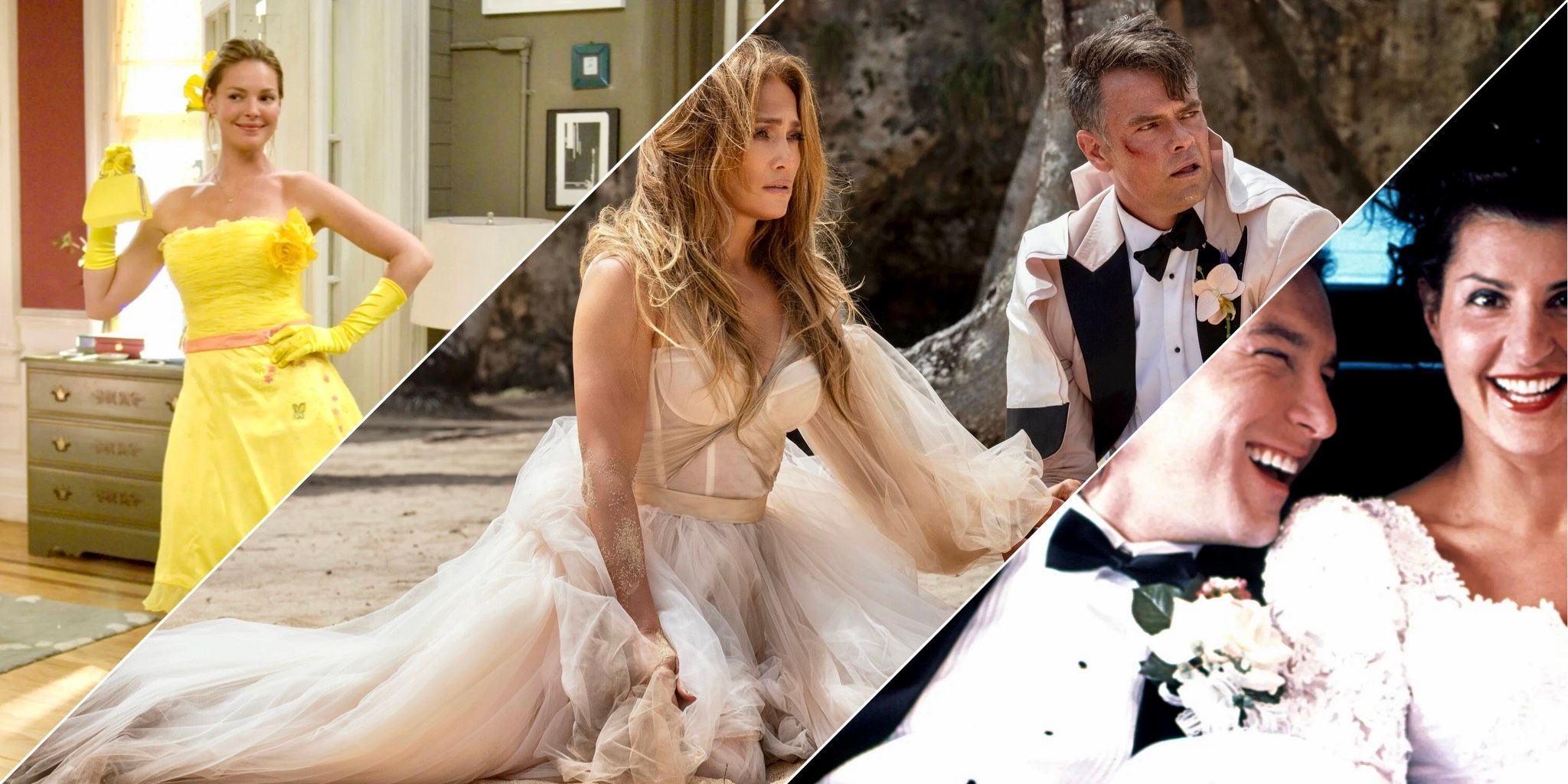 A collage of photos from wedding-themed movies including My Big Fat Greek Wedding, 27 Dresses, and Shotgun Wedding