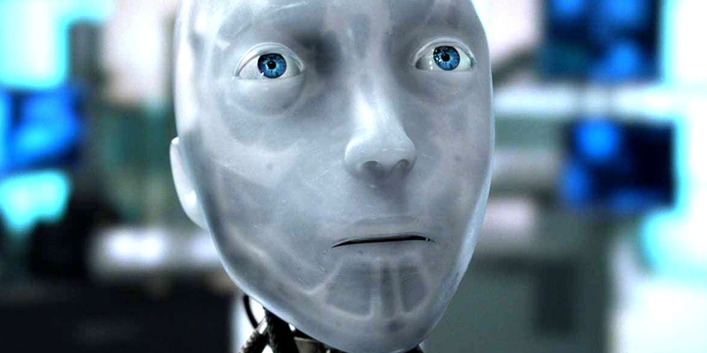A close-up of a robot looking up in I, Robot